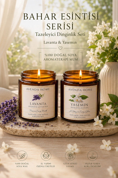 Bahar Esintisi Tazeleyici Dinginlik Lavanta & Yasemin %100 Doğal Soya Aromaterapi Mum Seti Hediye Kutulu 2x100 CC