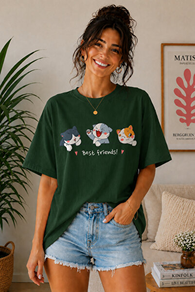 ArtYus Best Friends Cat Printed Unisex Oversize T-Shirt – Cotton Crew Neck Ca...