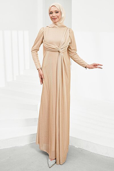 İmajButik Beige Front Detailed Stoned Evening Dress