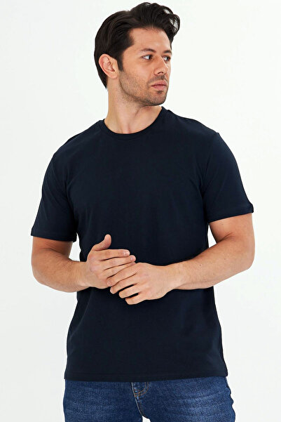 TRENDHİLL Men's Navy Blue Cotton Crew Neck Large Size T-Shirt Lcv5014B