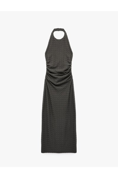 Koton Bürümcük Kumaş Dokulu Slim Fit Sırt Detaylı Halter Yaka Midi Elbise