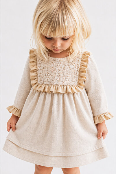 Elo Knitted Detailed Ruffled Ecru Cotton Baby Dress