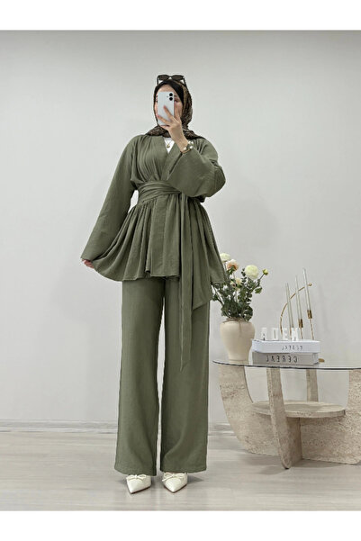 Moda Aydın Butik Kadın Belden Bağlamalı Kimono Takım - Çağla Yeşili