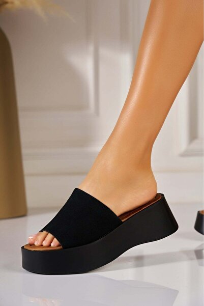 Joana Black Faux Suede Platform Slides - Davla