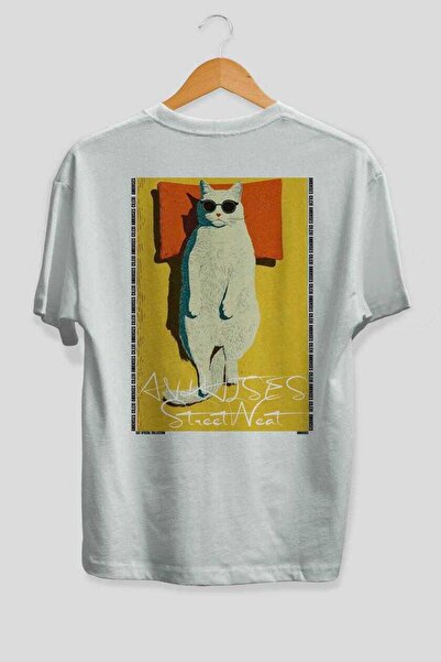 Ankhises For the Sake of Cats 117 Cat Printed White Oversize T-Shirt 100% Cot...