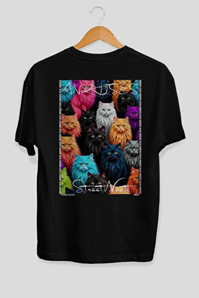 Ankhises For the Love of Cats 34 Cats Printed Black Oversize T-Shirt 100% Cot...