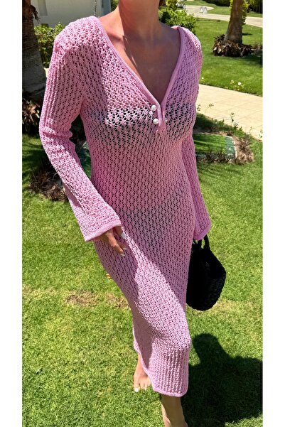 Julidress Pink Collar Accessory Detailed Openwork Maxi Length Beach Dress