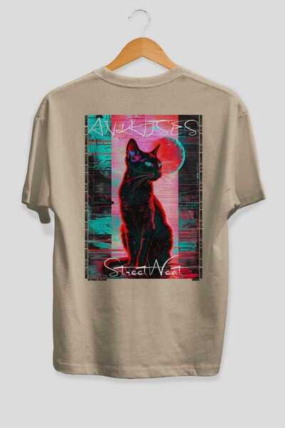 Ankhises For the Love of Cats 56 Cats Printed Beige Oversize T-Shirt 100% Cot...