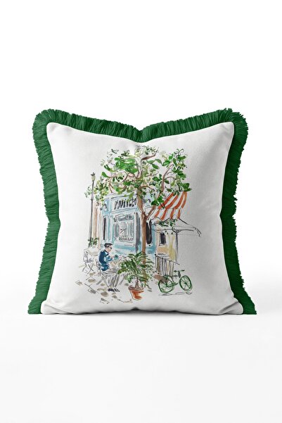 IdeCraft Man Sitting in a Cafe and Bicycle Illustration Fringed Throw Pillow ...