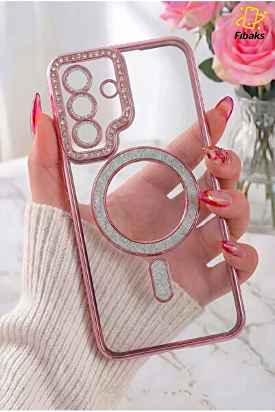 Galaxy A57 Case Stone Camera Magsafe Charging Lock with Lens Protection Transparent Color Soft Rose