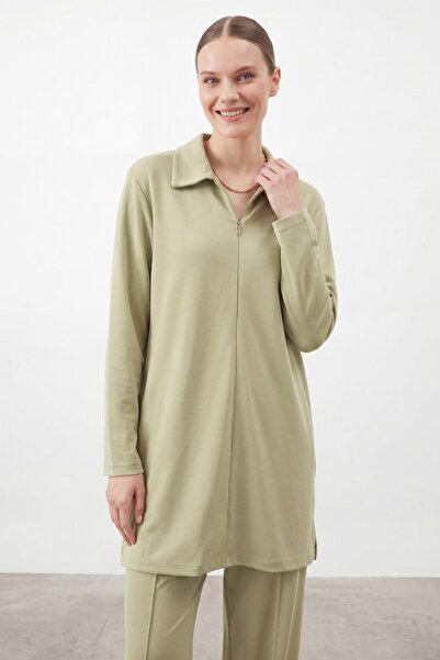 Puane Kadın Casual Örme Kumaş Yırtmaçlı Tunik Pantolon İkili Set - Çağla Yeşili
