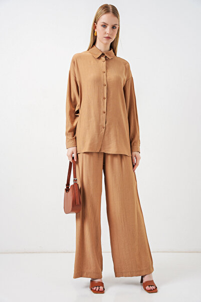 Merterium Women's Textured Shirt and Pants Two-Piece Set - Camel 1413