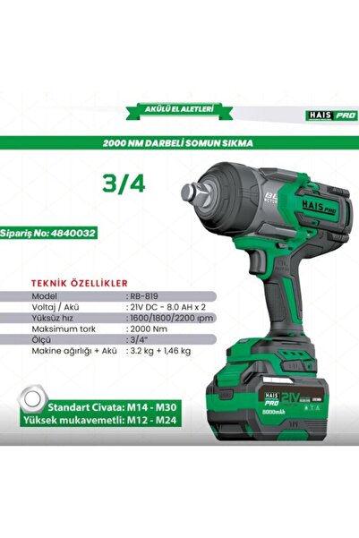 Hais AKÜLÜ DARB.SOM.SIK.2000NM 21VDC-8.0 RB-819 HAİSPRO