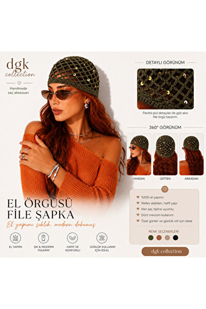 DGK COLLECTİON Lori̇-Khaki Color Saffron Color Sequined Handmade Mesh Hair Ac...
