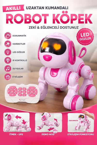 Toyaş Pembe Uzaktan Kumandalı Akıllı Robot Köpek | Dokunmatik, LED Gözlü, Şar...