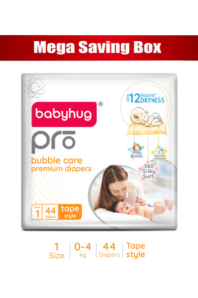 Babyhug Pro Bubble Care Premium Tape Style Diapers, Mega Saving Box, Size 1 -...