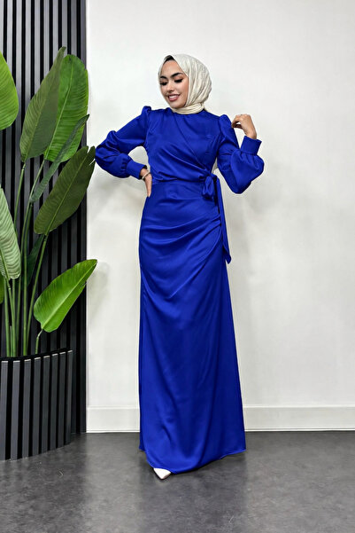 Tesettür Diyarı Satin Hijab Evening Dress with Tie Waist Detail