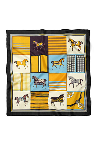 nehir eşarp At Figürlü Geometrik Desen Fular Bandana 70x70 Cm