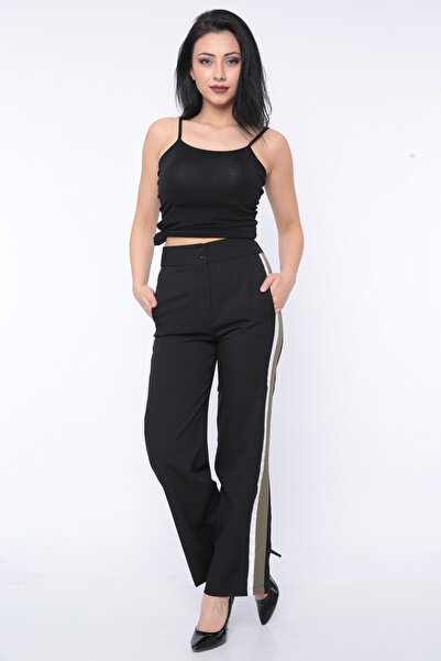 FIRST STYLE Turkish Women's Black Trousers with Olive and White Lines