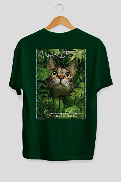 Ankhises For the Love of Cats 11 Cats Printed Green Oversize T-Shirt 100% Cot...