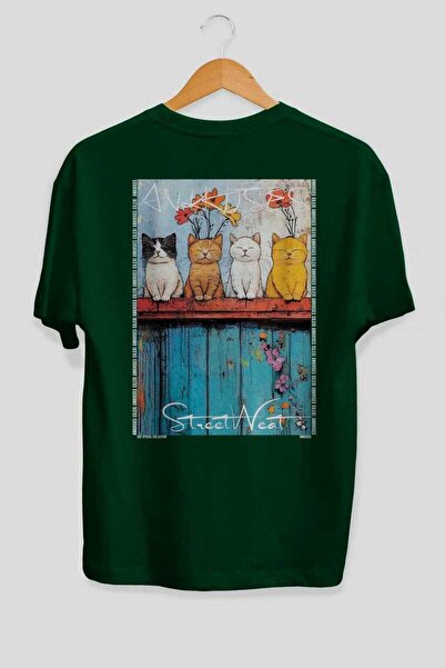 Ankhises For the Love of Cats 14 Cats Printed Green Oversize T-Shirt 100% Cot...