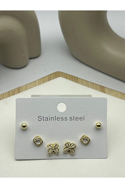 BİJU YILMAZ 26clk31 stone flower detailed gold steel earring set