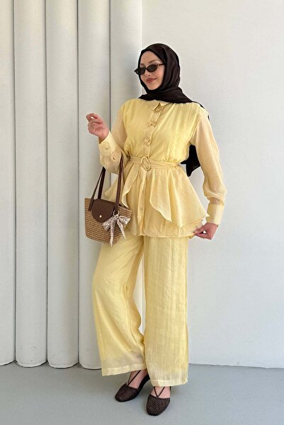 Modaensarbutik Gold Aksesuarlı Pantolonlu Tesettür Takım-SARI