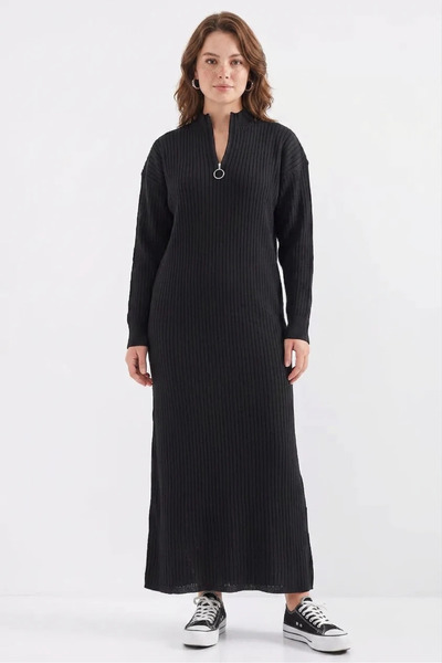 buğrahayalin Women's Turtleneck Long Sleeve Fitted Knitwear Black Dress