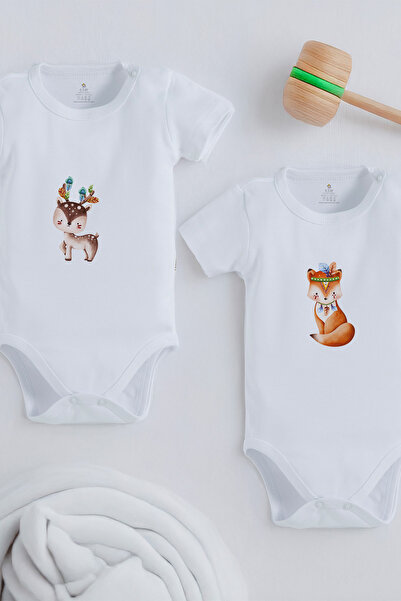 bebek perisi Organic 100% Cotton Cute Deer and Fox Design 2-Piece Baby Bodysu...