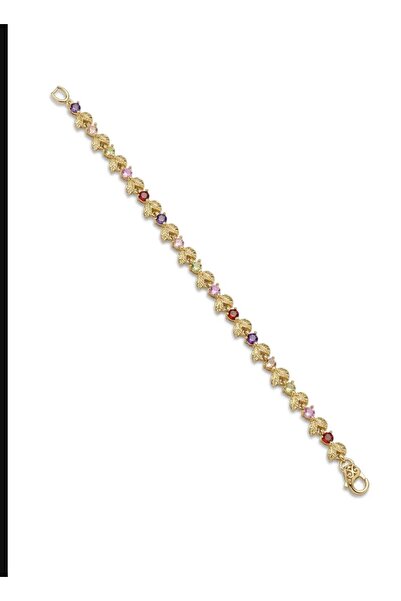 Mervişim Aksesuar Leaf Detailed Colorful Zircon Stone Women's Steel Bracelet
