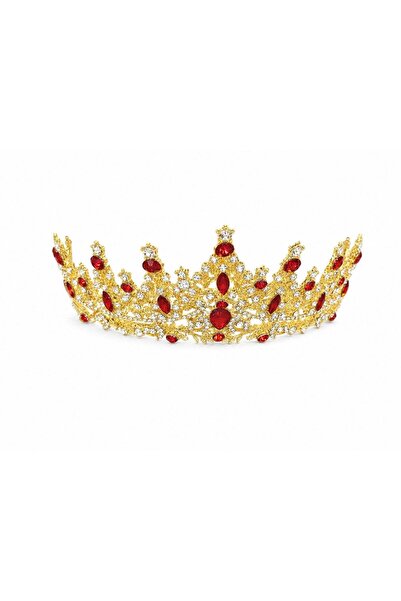 OEM Tiara aurie densa cu cristale marquise rosii si filigran vegetal