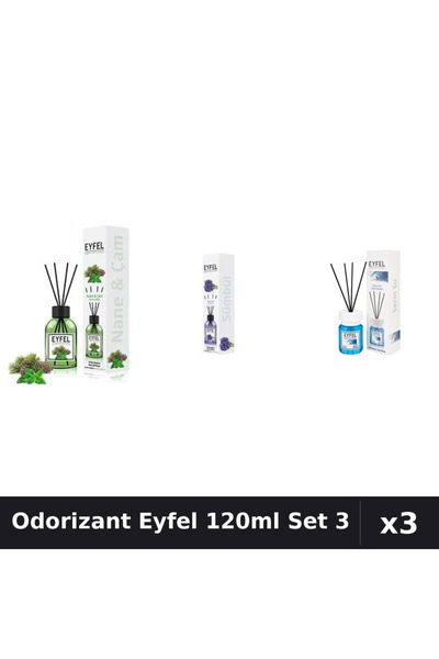 Eyfel Set 3 Odorizant Cameră Betișoare 120ml - Pin și Mentă, Zambile, Cool Water