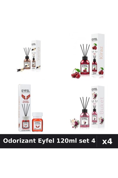 Eyfel Set 4 Odorizant Camera Betisoare 120ml - Vanilie, Cirese, Red Dragon, B...