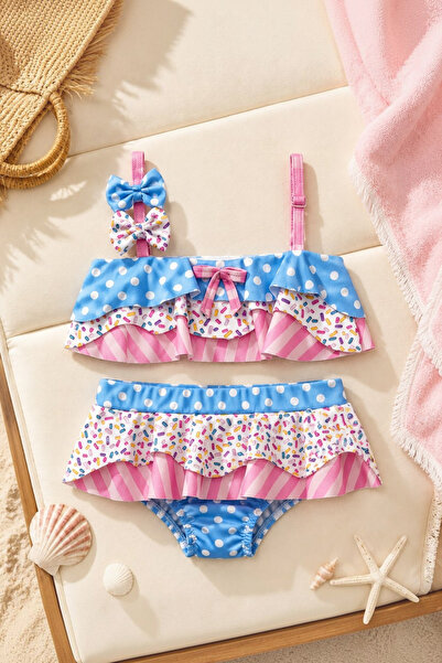 Tuğra Bebe Kız Çocuk Fırfırlı ve Fiyonk Detaylı İki Parçalı Bikini Takımı