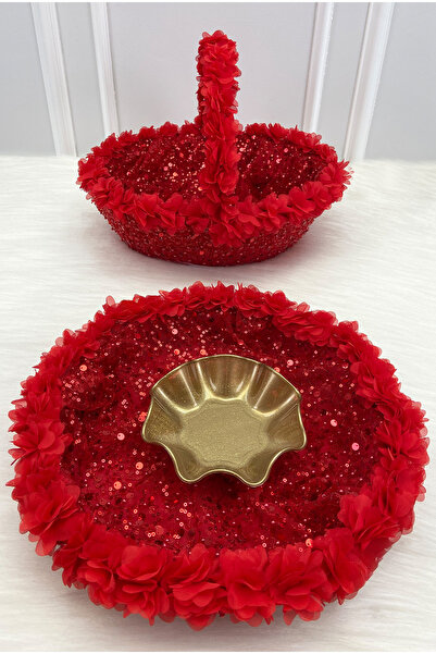 ZEYMERADE Red Bridal Henna Night Tray and Basket, Floral and Complete with Se...