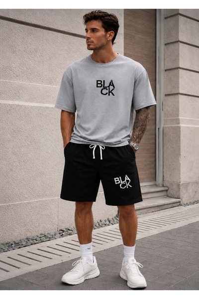 FAEL LİFE Unisex Wide Cut T-Shirt and Shorts Black Print Set