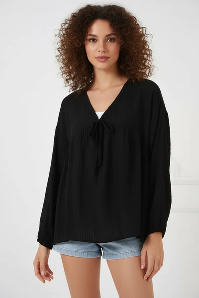 buğrahayalin Women's V-Neck Gathered Waist Long Sleeve Viscose Black Blouse