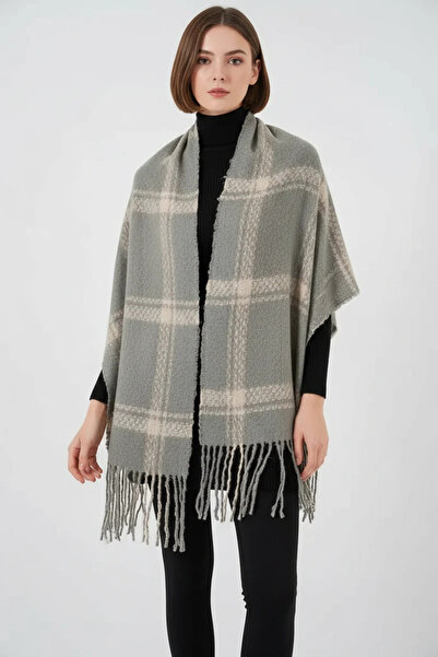 buğrahayalin Women's Tasseled Checkered Patterned Knitwear Gray Shawl
