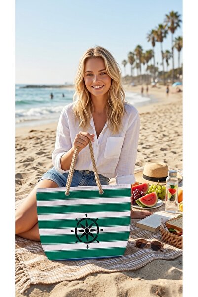 Enie Women's Green Straw Handle Handmade Beach Bag Lined