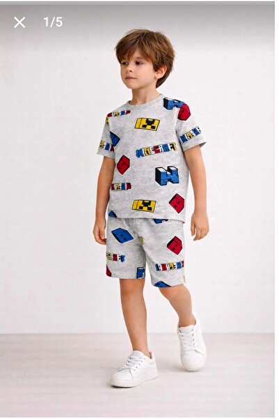TUGSE Şortlu Erkek Çocuk Kısa Kollu Bisiklet Yaka Desenli Pijama Takım