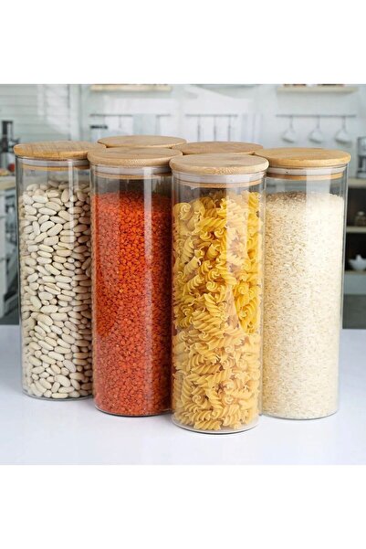 Karçiçeği Home 6 X 1300 ml Storage Jar, Round with Bamboo Lid, Airtight Stora...