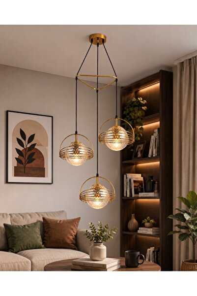 N.zone Luxurious Triple Pendant Chandelier in Gold and Black Finish with High...