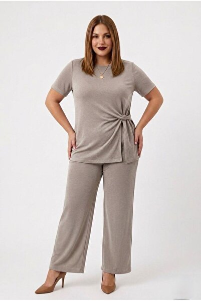 Koza Butik Women's Plus Size Short Sleeve Side Knotted Tracksuit Set 8257-26