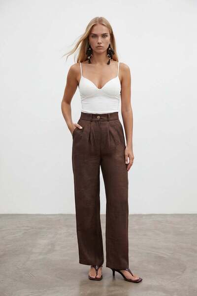 Trend Alaçatı Stili Women's Bitter Brown Double Pocket Linen Palazzo Trousers...