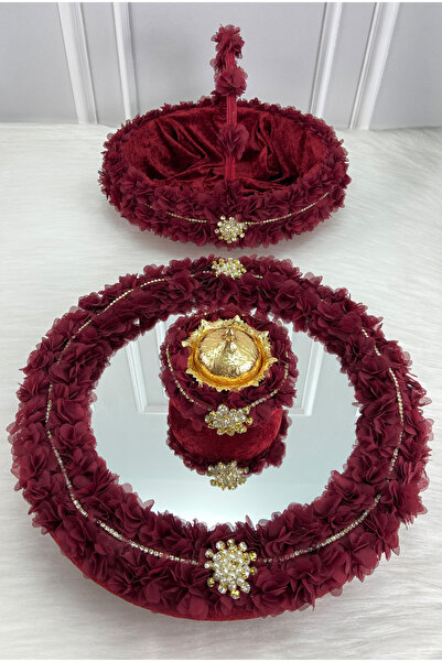 ZEYMERADE Burgundy Henna Night Tray Basket Bridal Set, Brooched Floral Mirror...