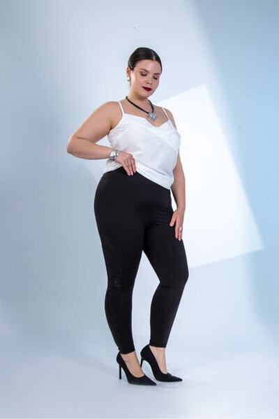 Roxxlen Women's Plus Size Stone Detailed Leggings Black