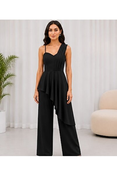 OEM Elegant women's jumpsuit with asymmetrical ruffle and wide straps, palazz...