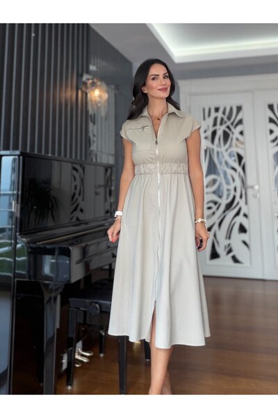 Atelier Derin Taş Rengi Önü Fermuarlı Kolsuz Elbise