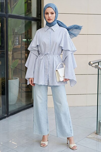 InStyle Ruffle Sleeve Thin Striped Blue Shirt