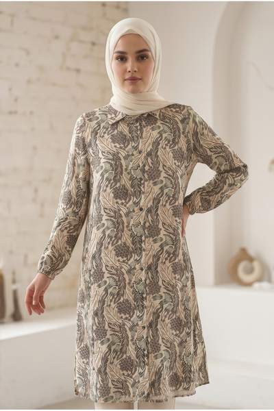 tuvadi Women's Green Retro Botanical Patterned Viscose Shirt - Hijab Shirt, B...